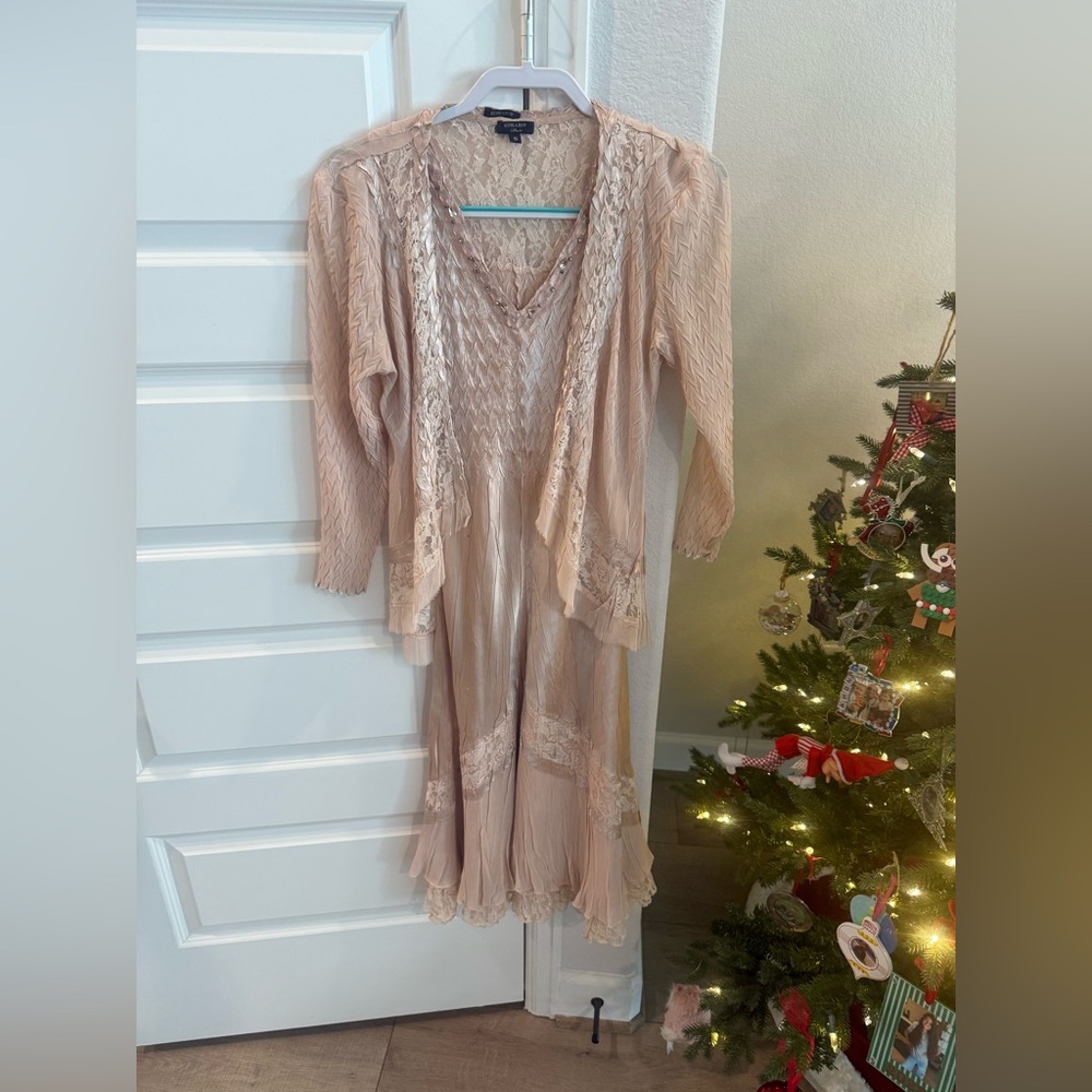 Komarov Lace Trim Pleated Dress in Beige
